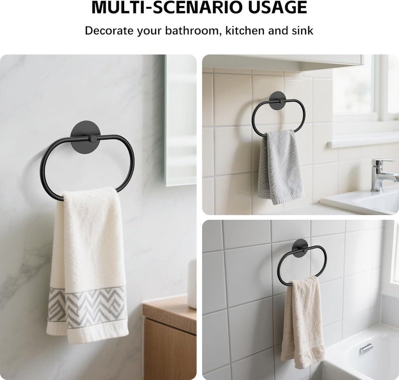 EZKEY Adhesive Towel Holder Matte Black Hand Towel Holder for Bathroom Wall Stainless Steel Towel Ring for Bathroom Hardware Accessories No Drilling, 2 Packs - Image 4